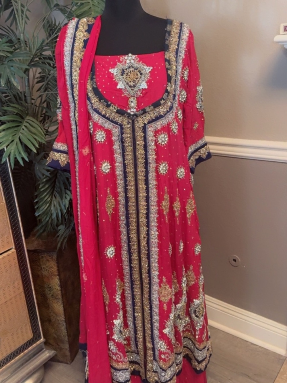 Ethnic Indian Wear Red and Gold Embellished Long Sleeve Anarkali